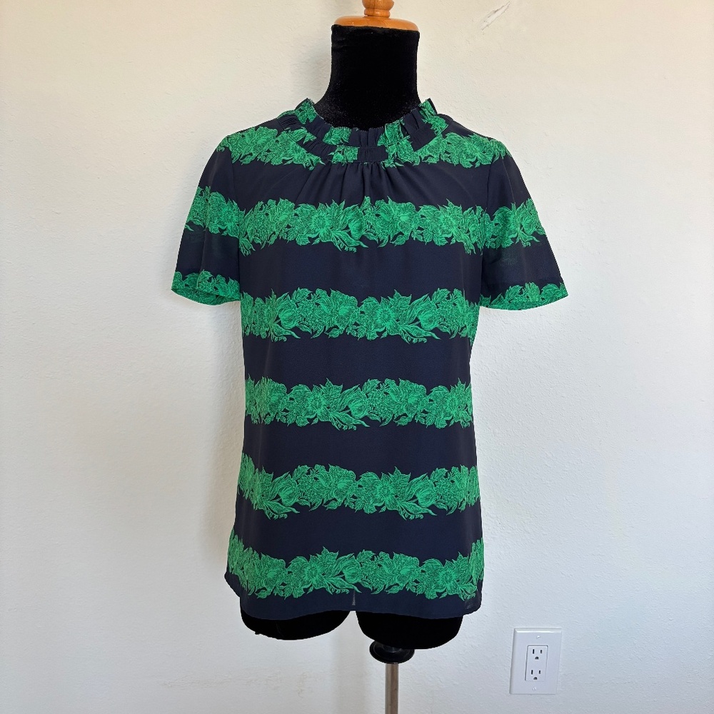 J. Crew Navy and Green Floral Stripe Blouse with Ruffle Neck